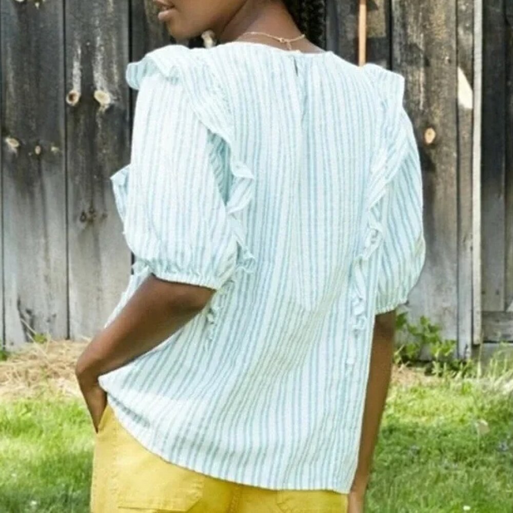 NWT Blue Striped Puff Short-Sleeve Ruffle Blouse - Women's Sizes XS, S Tops - Picture 3 of 4